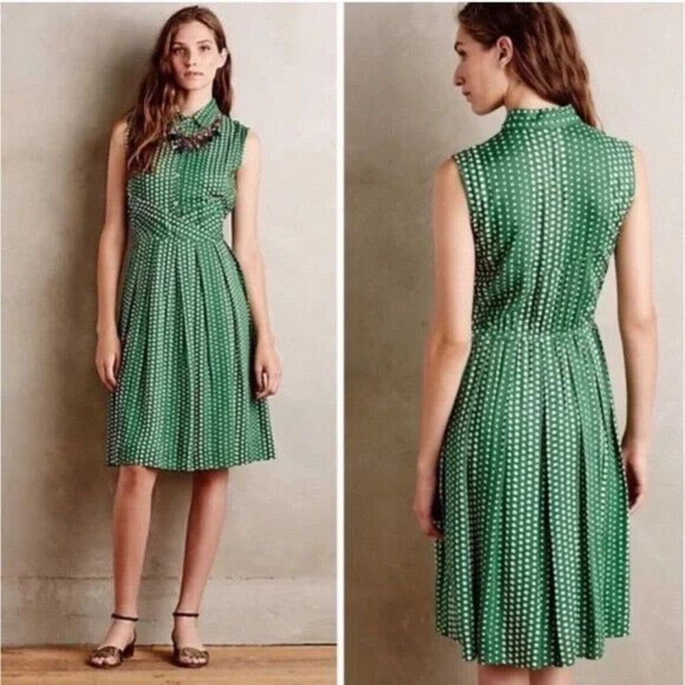 Anthropologie 11.1 Tylho Brynn Shirt Dress Womens Medium Green Polka Dot Aline - Picture 1 of 11